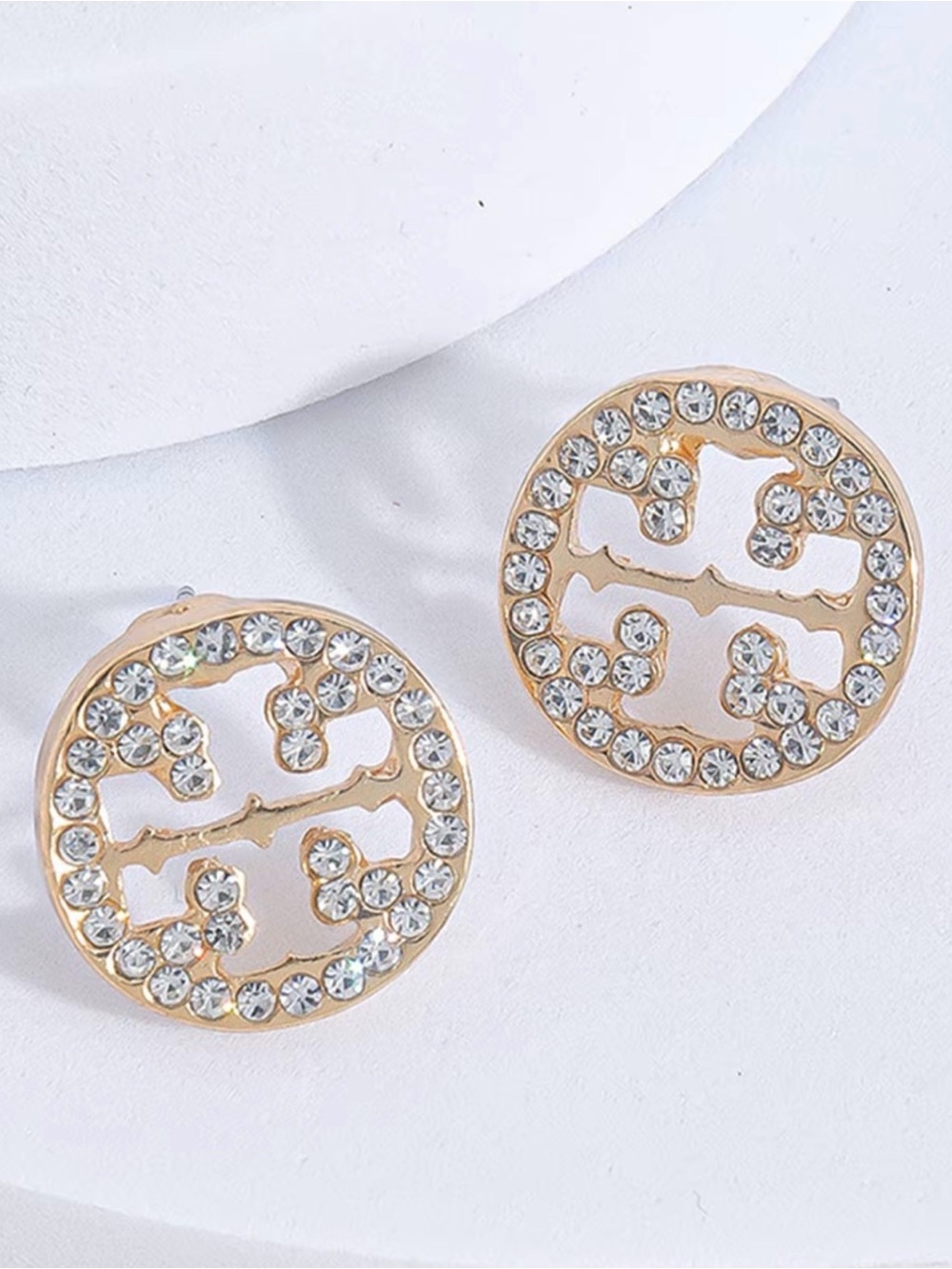 Gold-Tone Crystal Circle Stud Earrings - White Crystal